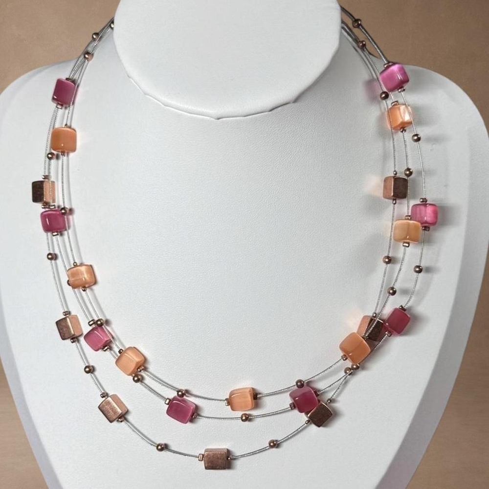 Vintage Lia Sophia Sorbet Triple Strand Illusion Wire Beaded Necklace Pink Peach